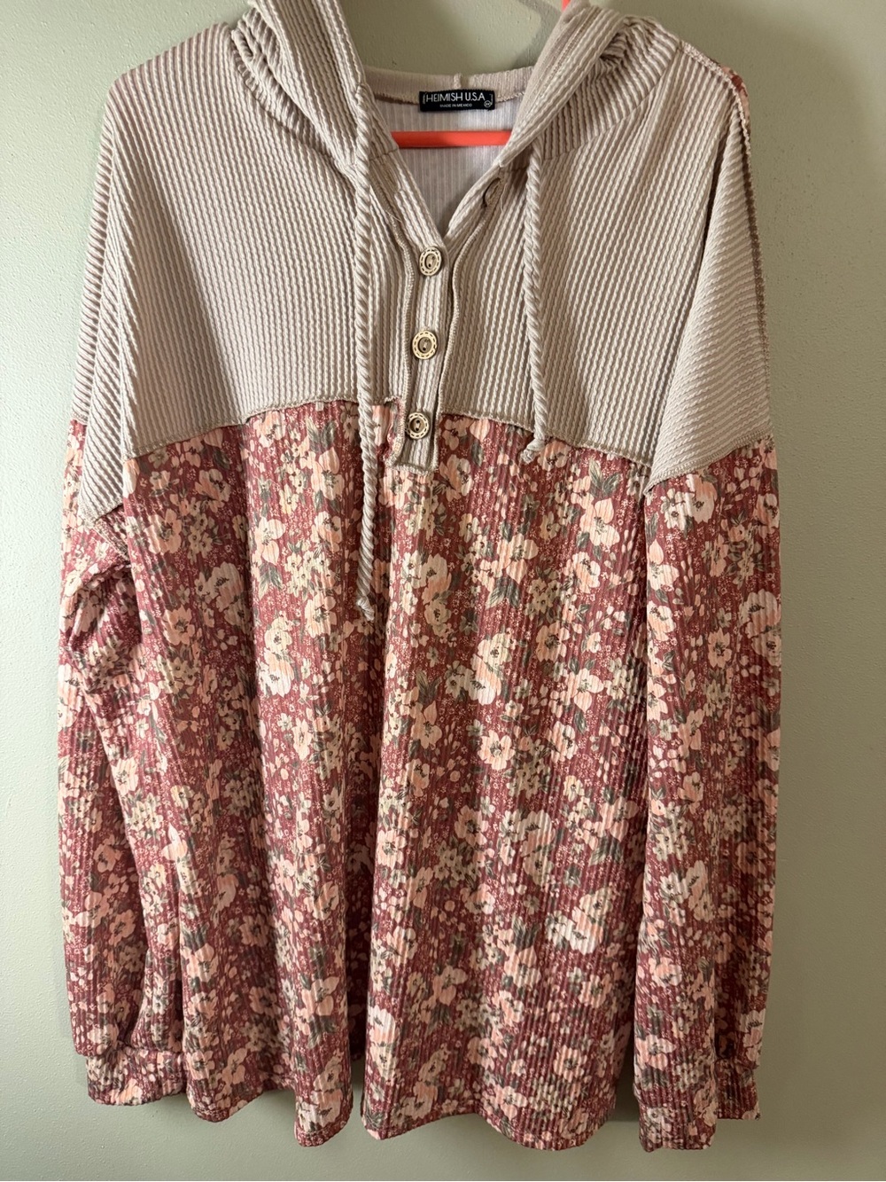 HEIMISH USA Floral Ribbed Hoodie with Cream Yoke
